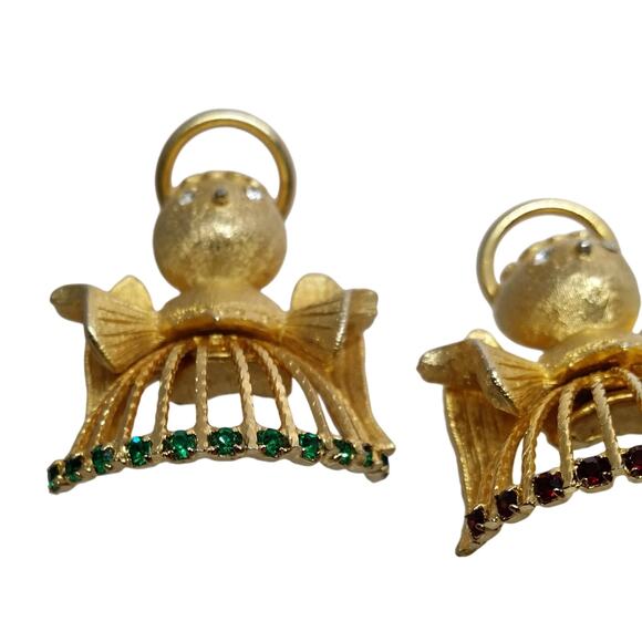 Small Rhinestone Angel Brooch Gold Tone Pair Cherub Pin Red Green Crystal - Picture 9 of 9